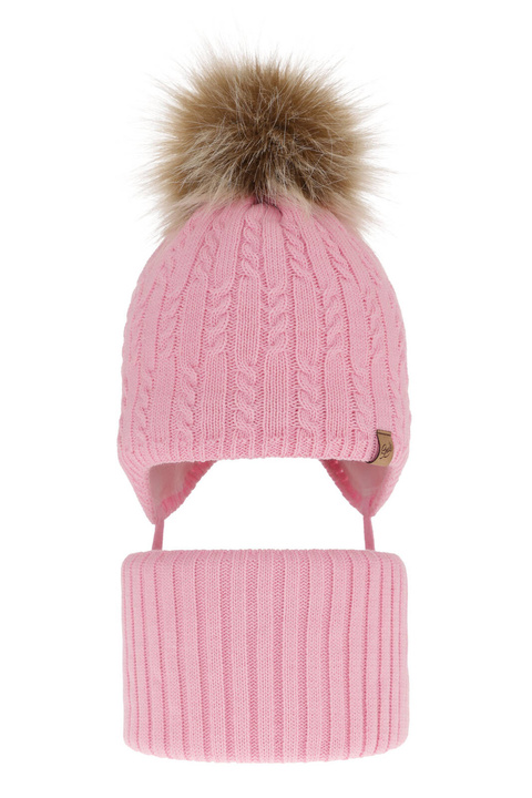 Ensemble d'hiver fille: bonnet et snood, rose, avec pompon, Loreley