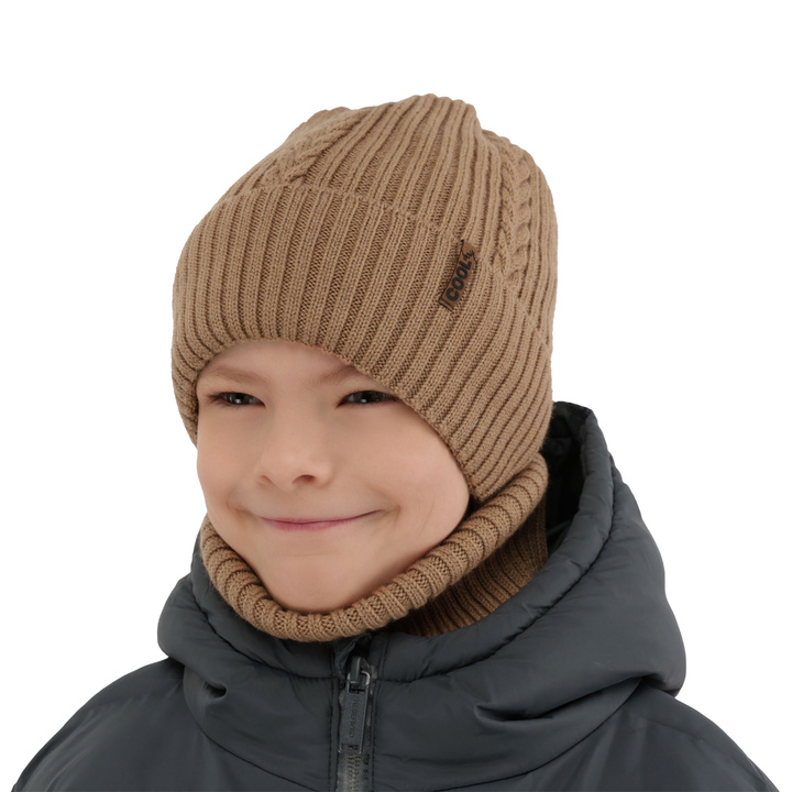 Ensemble d'hiver garçon: bonnet et snood, camel, avec laine mérinos, Wilson