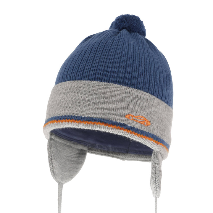 Bonnet automne/printemps garçon, bleu, avec liens, avec pompon, Jacob