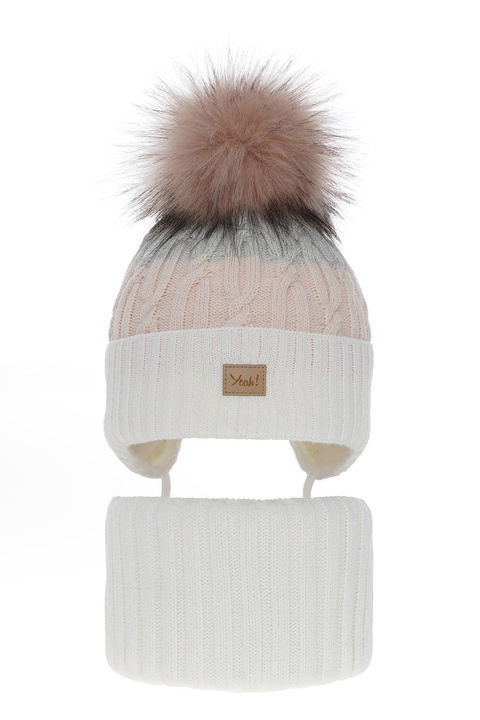 Ensemble d'hiver fille: bonnet et snood, crème, avec pompon, avec liens, Riviera
