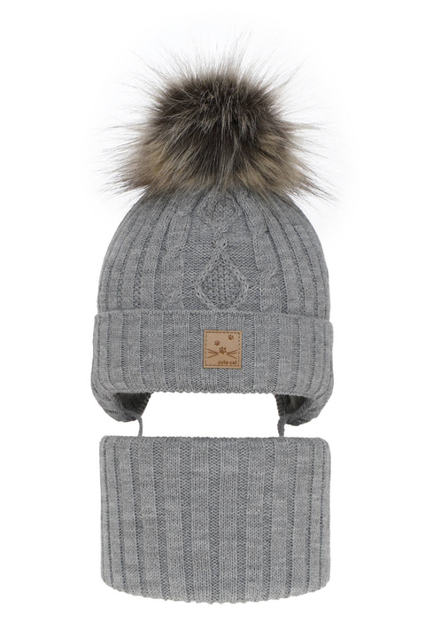 Ensemble d'hiver fille: bonnet et snood, gris, avec pompon, Aida