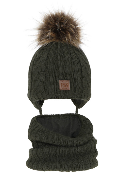 Ensemble d'hiver garçon: bonnet et snood, khaki, avec pompon, Casper