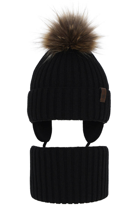 Ensemble d'hiver garçon: bonnet et snood, noir, avec pompon, avec liens, Puzel