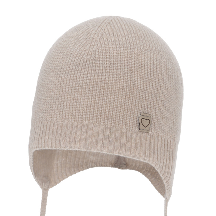 Bonnet automne/printemps fille, beige, avec laine mérinos et cachemire, avec liens, Orida