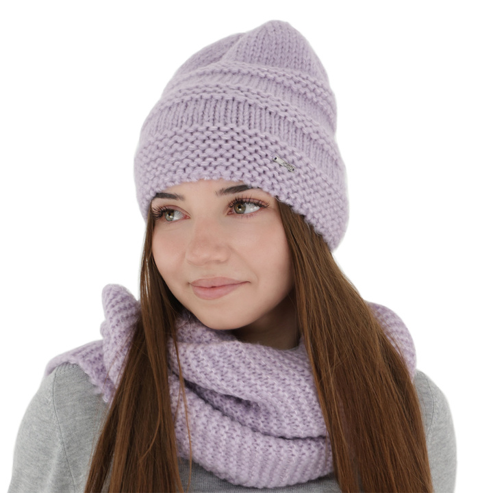 Ensemble d'hiver femme: bonnet et snood, violet, avec laine mérinos, Driva