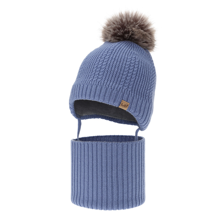 Ensemble bonnet et tour de cou garçon, hiver, bleu, 100% laine mérinos, doublé polaire laine, à nouer Danny
