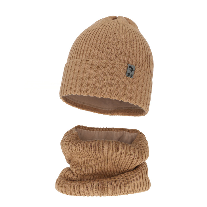 Ensemble d'hiver garçon: bonnet et snood, camel, avec laine mérinos, doublé de polaire, Gecko