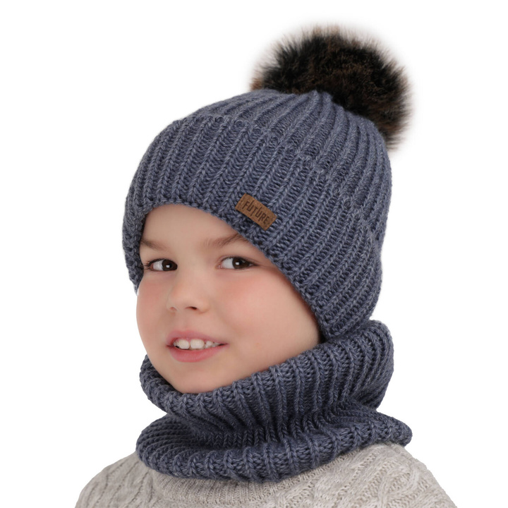 Ensemble d'hiver garçon: bonnet et snood, bleu, avec pompon, Wonder