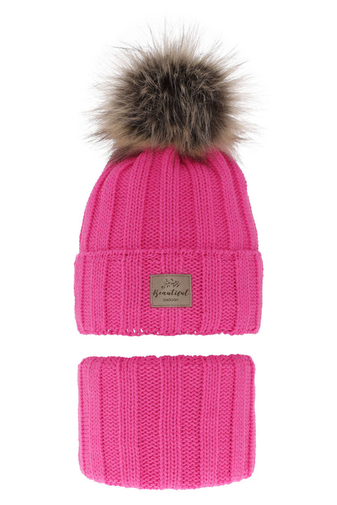 Ensemble d'hiver fille: bonnet et snood, rose, avec pompon, Kaliope