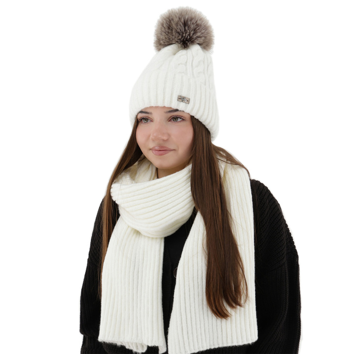 Ensemble d'hiver femme: bonnet et écharpe, crème, Lunetta
