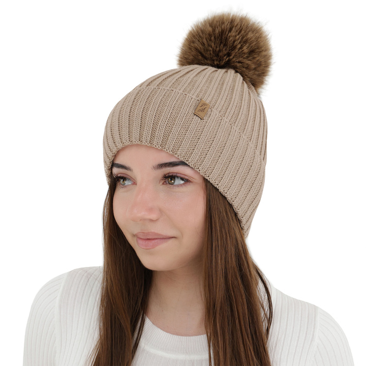 Bonnet d'hiver femme, beige, avec laine mérinos, Zamira