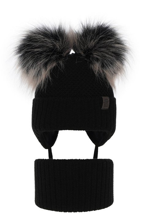 Ensemble d'hiver garçon: bonnet et snood, noir, avec deux pompons, avec liens, Randel
