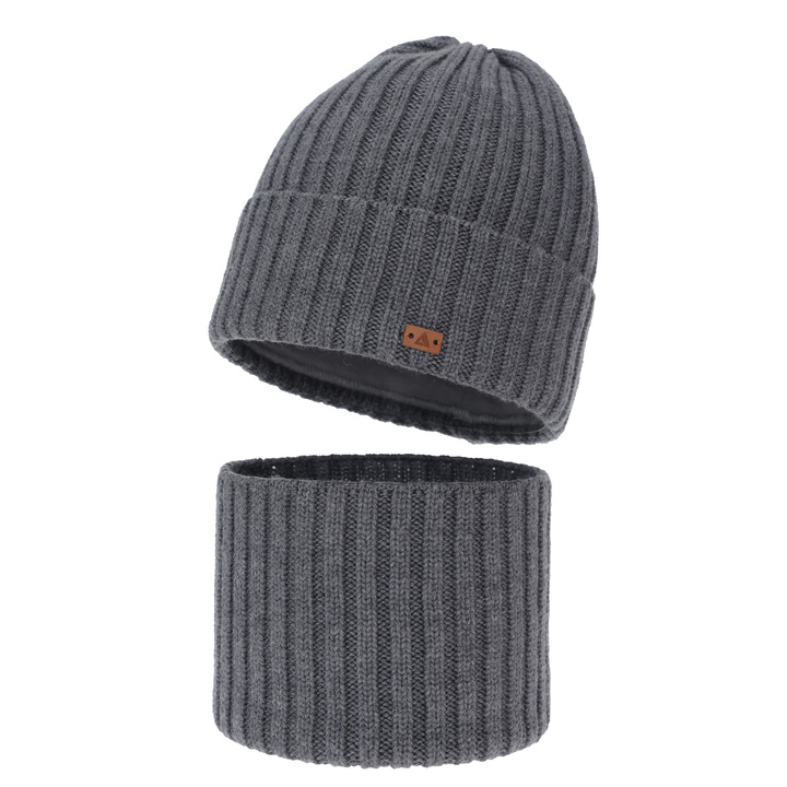 Ensemble d'hiver garçon: bonnet et snood, gris, 100% Laine Mérinos, Umberto