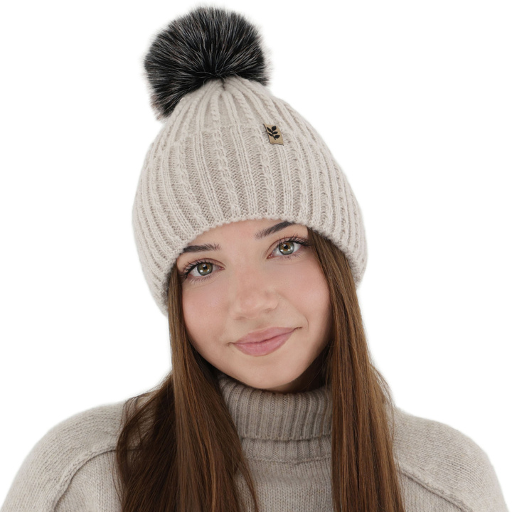 Bonnet d'hiver femme, beige, avec pompon, Calista