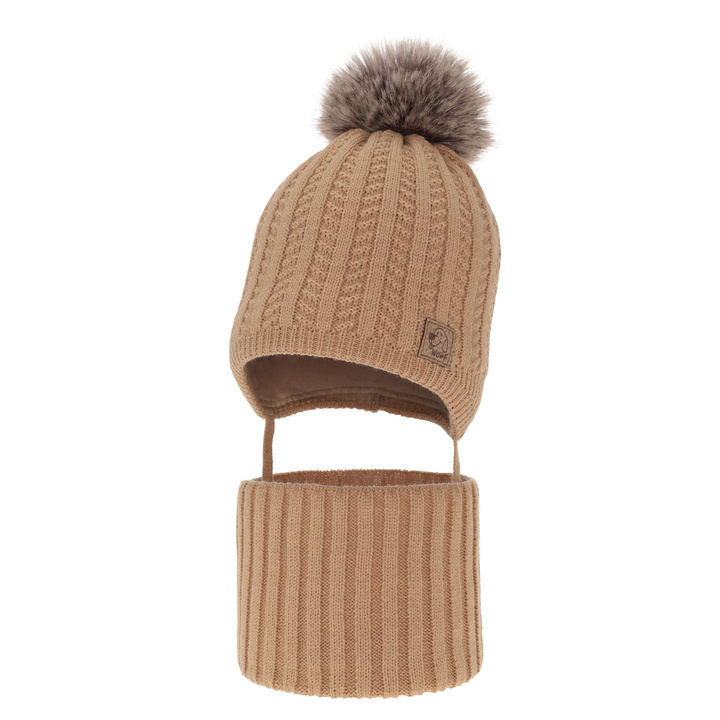 Ensemble d'hiver garçon: bonnet et snood, camel, avec pompon, Endo