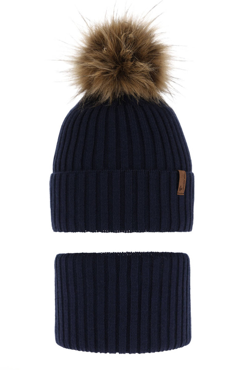 Ensemble d'hiver garçon: bonnet et snood, bleu marine, avec pompon, Onyks