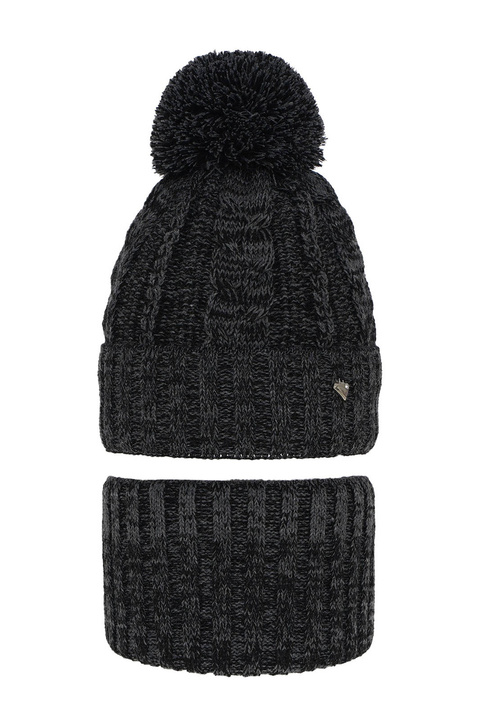 Ensemble d'hiver fille: bonnet et snood, gris foncé, avec pompon, Maroko