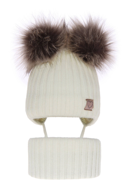 Ensemble d'hiver fille: bonnet et snood, écru, avec deux pompons, avec liens, Telisa
