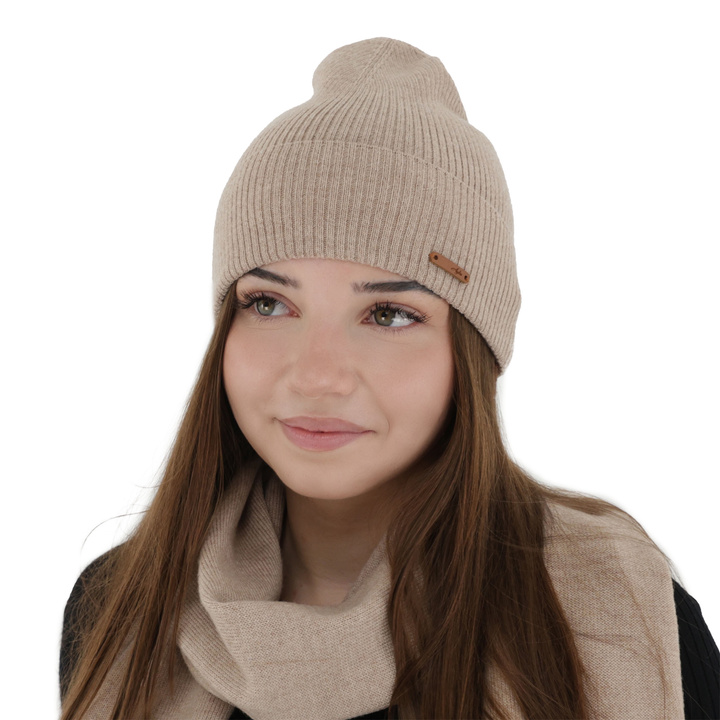 Bonnet automne/printemps femme, beige, 100% Laine Mérinos, Flerra