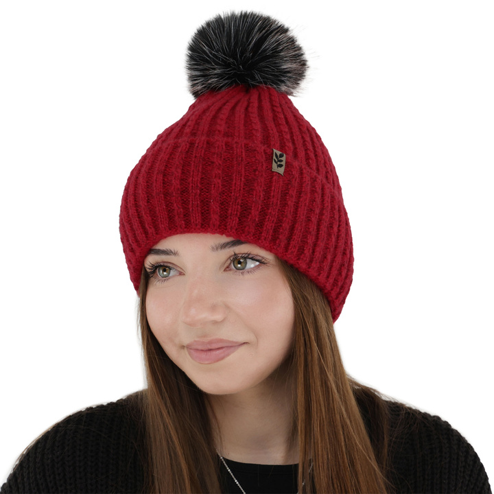 Bonnet d'hiver femme, rouge, avec pompon, Calista