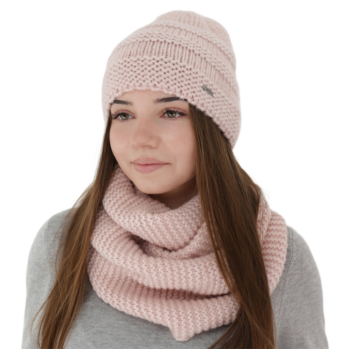Ensemble d'hiver femme: bonnet et snood, rose, avec laine mérinos, Driva