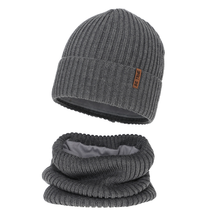 Ensemble d'hiver garçon: bonnet et snood, doublé de coton, gris, avec laine mérinos, Colton