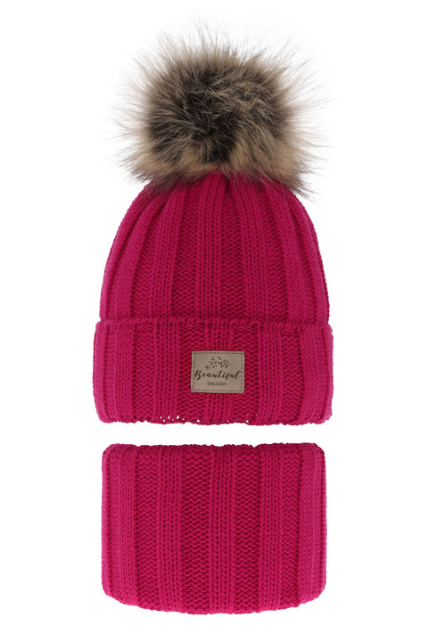 Ensemble d'hiver fille: bonnet et snood, rose, avec pompon, Kaliope