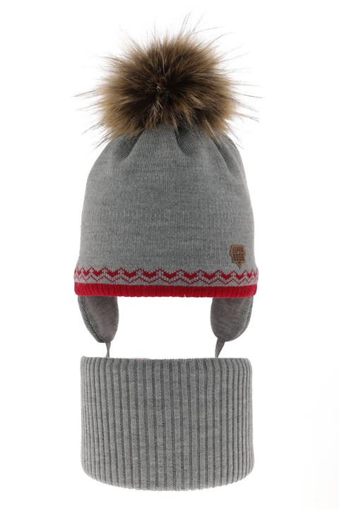Ensemble d'hiver garçon: bonnet et snood, gris, avec pompon, Elpis