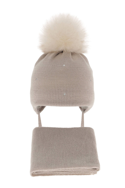 Ensemble d'hiver fille: bonnet et écharpe, beige, avec laine mérinos, Rosalina