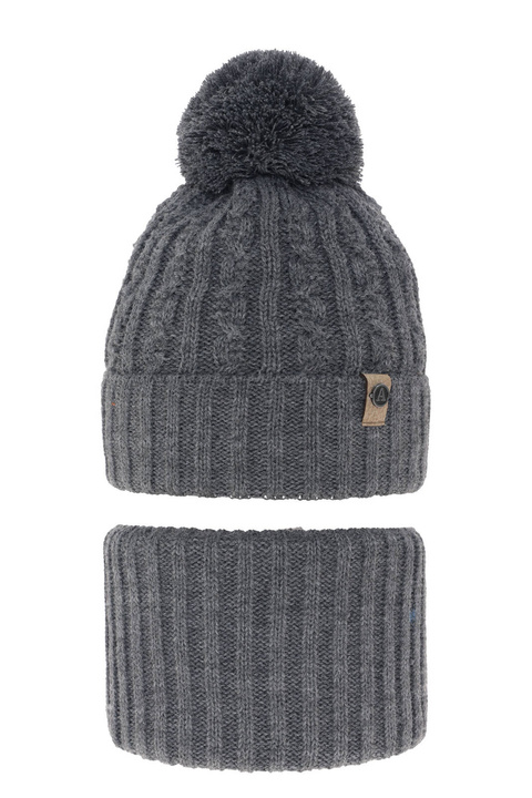 Ensemble d'hiver garçon: bonnet et snood, gris, avec pompon, Almond