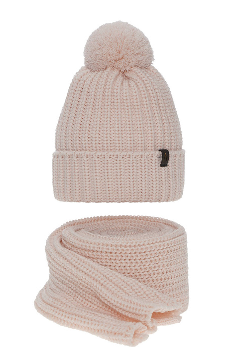 Ensemble d'hiver femme: bonnet et écharpe, rose, avec pompon, Lupita