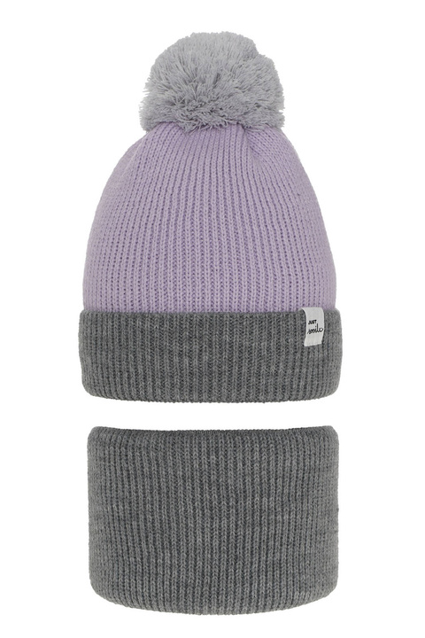 Ensemble d'hiver fille: bonnet et snood, gris, avec pompon, Rosalin
