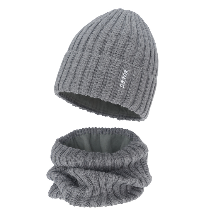 Ensemble d'hiver garçon: bonnet et snood, beige, avec laine mérinos, doublé de polaire, Banasko