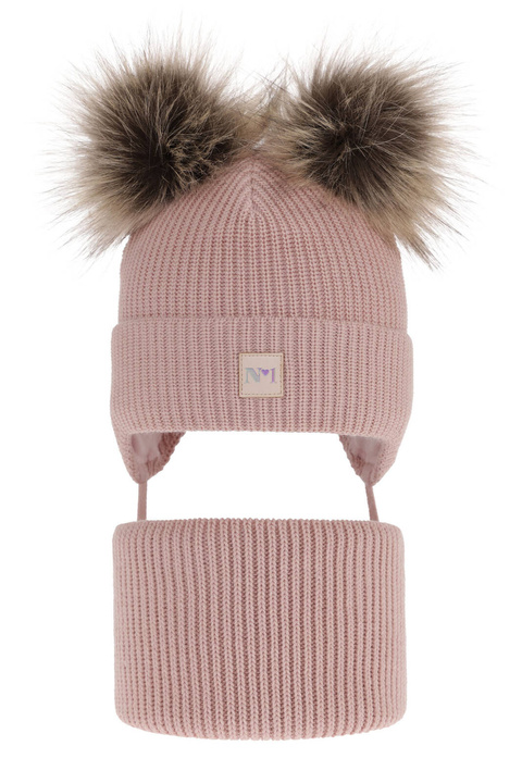 Ensemble d'hiver fille: bonnet et snood, rose, avec deux pompons, avec liens, Kiara