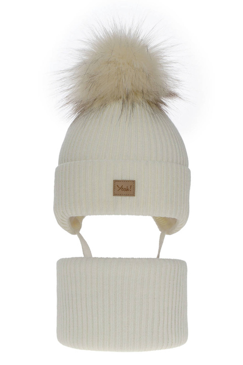 Ensemble d'hiver fille: bonnet et snood, crème, avec pompon, Dilajla