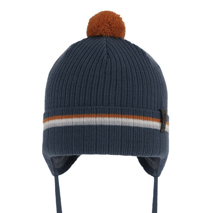Bonnet automne/printemps garçon, bleu, avec pompon, avec liens, Vesper