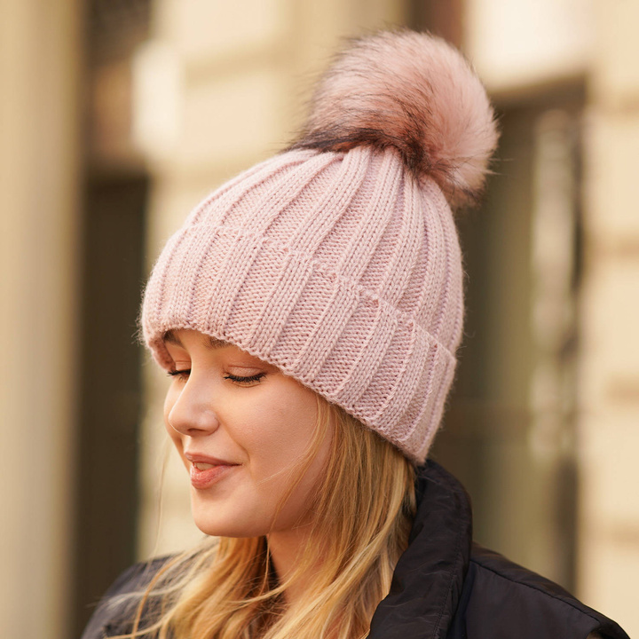 Bonnet d'hiver femme, rose, avec pompon, Mokka