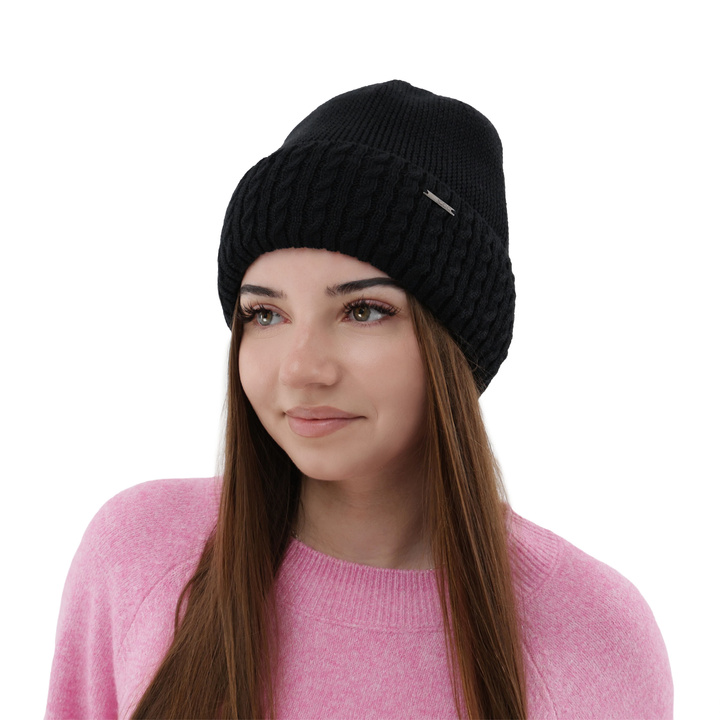 Bonnet d'hiver femme, noire, avec laine mérinos, Febe