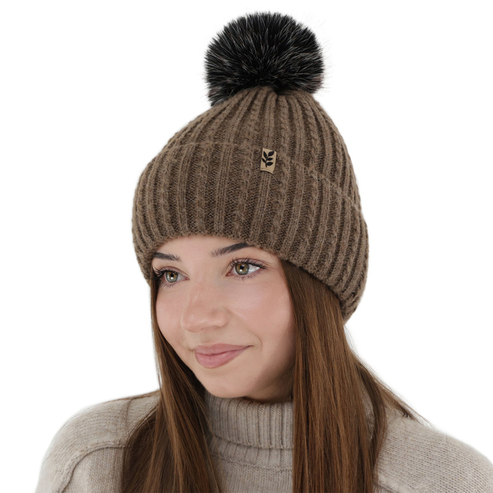 Bonnet d'hiver femme, brune, avec pompon, Calista