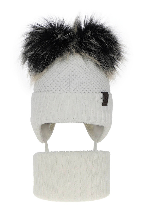 Ensemble d'hiver garçon: bonnet et snood, blanc, avec deux pompons, avec liens, Randel