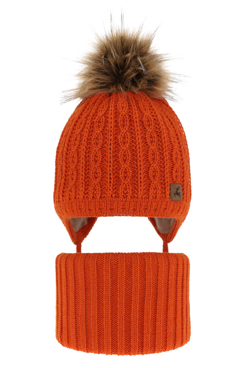 Ensemble d'hiver garçon: bonnet et snood, orange, avec pompon, avec liens, Pago