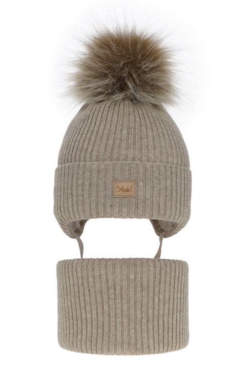 Ensemble d'hiver fille: bonnet et snood, beige, avec pompon, Dilajla