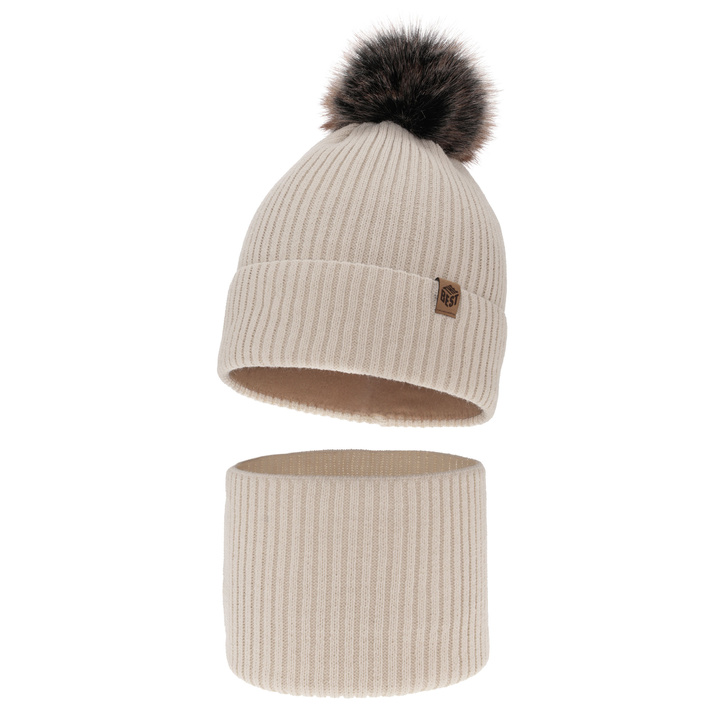 Ensemble d'hiver garçon: bonnet et snood, beige, avec pompon, Wizar