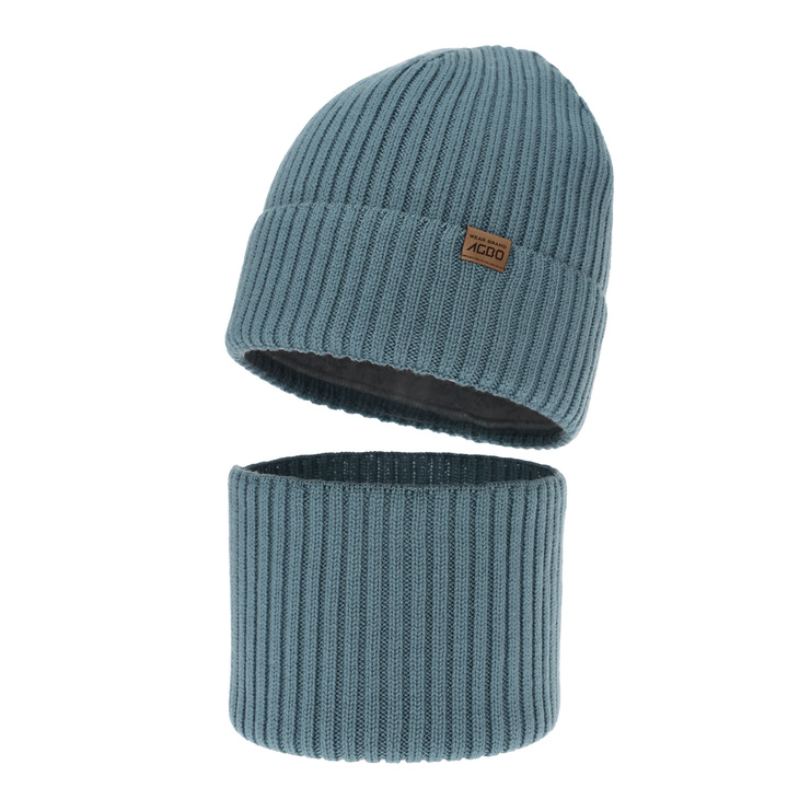 Bonnet et snood garçon, d'hiver, 100% Laine Mérinos, avec doublure en laine mérinos, bleu, Domin