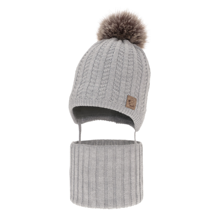 Ensemble d'hiver garçon: bonnet et snood, gris clair, avec pompon, Endo