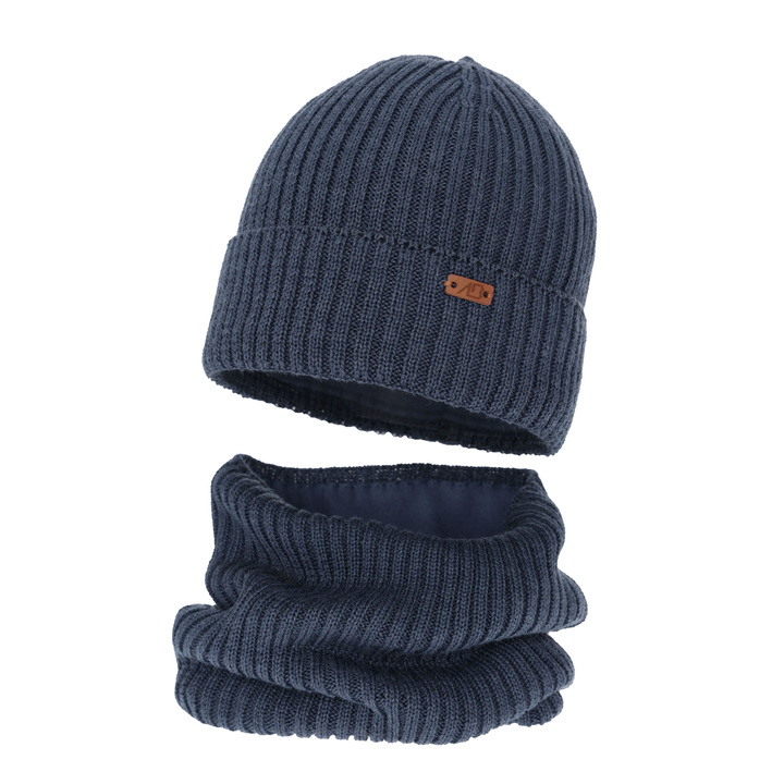 Ensemble d'hiver garçon: bonnet et snood, bleu, avec laine mérinos, doublé de polaire, Palermo