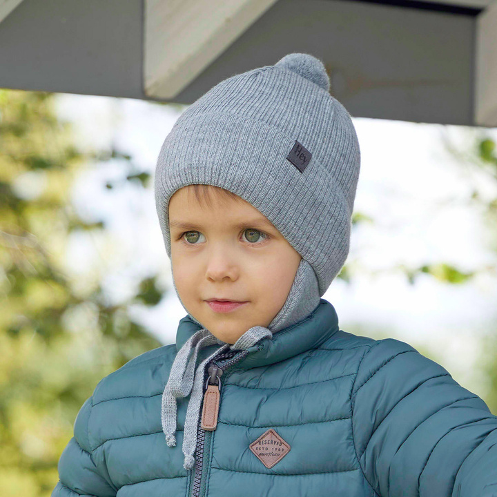 Bonnet automne/printemps garçon, gris, avec pompon, avec liens, Axel