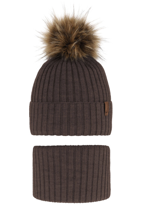 Ensemble d'hiver garçon: bonnet et snood, brun, avec pompon, Onyks