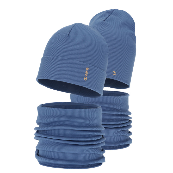 Ensemble automne/printemps garçon: bonnet et snood, en coton, bleu, Desider