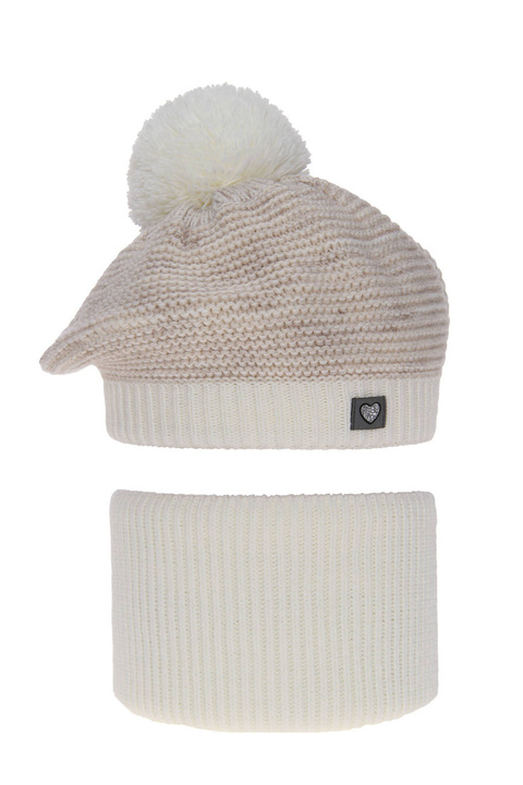 Ensemble d'hiver fille: beret et snood, beige, avec pompon, Lira